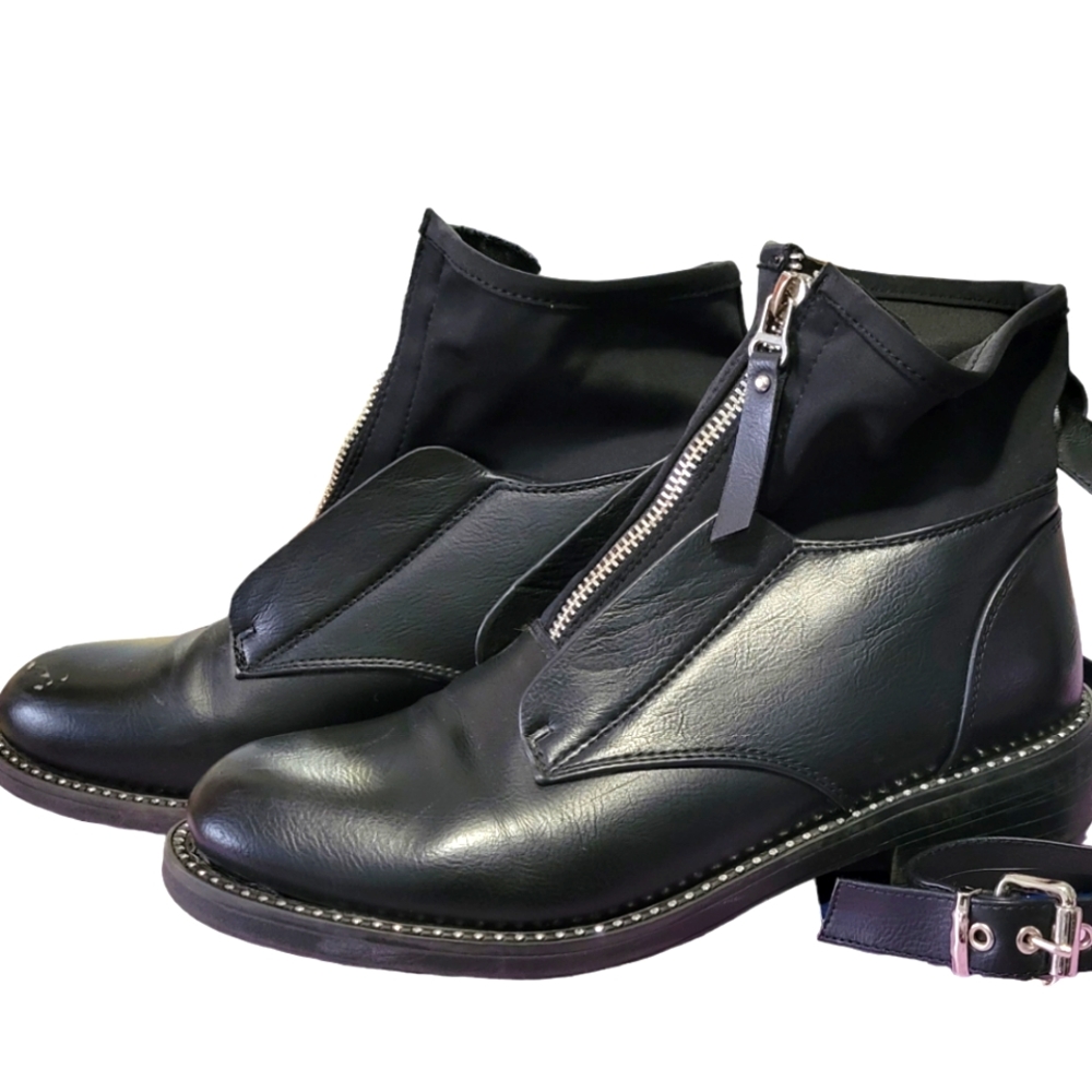 Women's Leather  ZipFront Ankle Boots Booties Sz US 8.5-9 EU 39 Rhinestone Trim